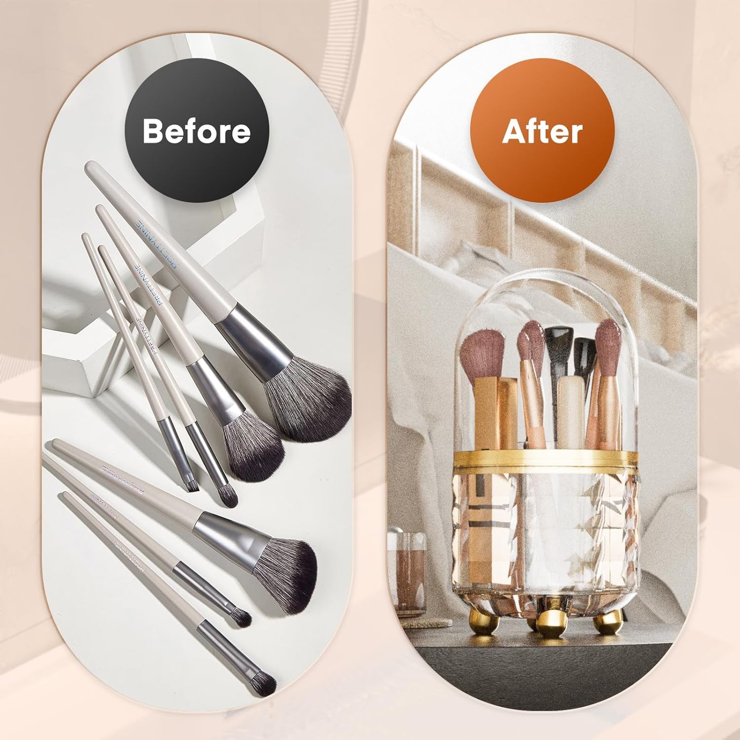 Makeup Brush Holder 360 Rotating Make up Organiser with Lid, 6 Slot Storage for Skincare Lipstick,Transparent Dustproof Waterproof Cosmetic Organisers Forbathroom Bedroom Vanity Dresser(White)