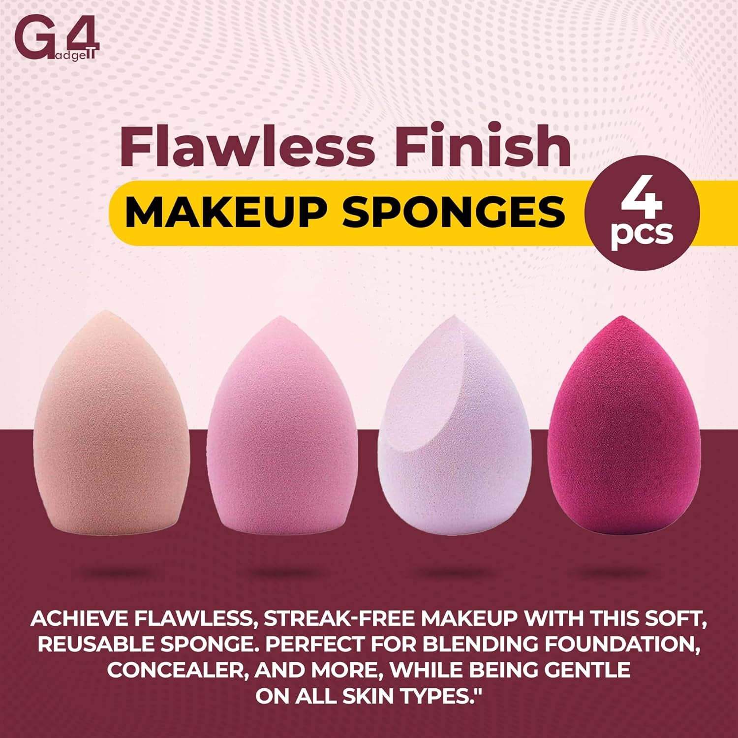 Makeup Sponges 4Pcs Set, Non-Latex High-Density Foundation Sponge for Liquid, Cream, and Powder, Wet & Dry Use, Soft Wonder Sponge for Flawless Finish