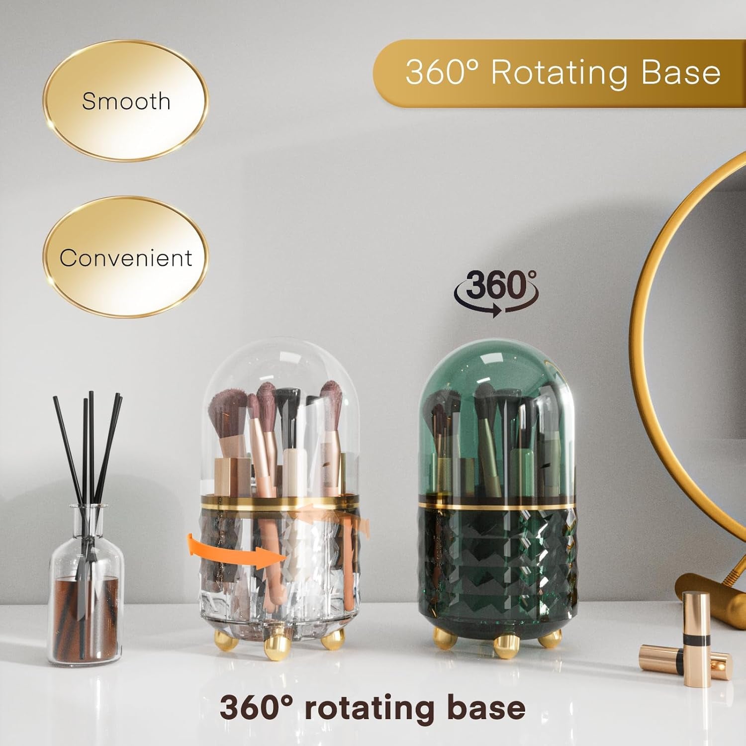 Makeup Brush Holder 360 Rotating Make up Organiser with Lid, 6 Slot Storage for Skincare Lipstick,Transparent Dustproof Waterproof Cosmetic Organisers Forbathroom Bedroom Vanity Dresser(White)