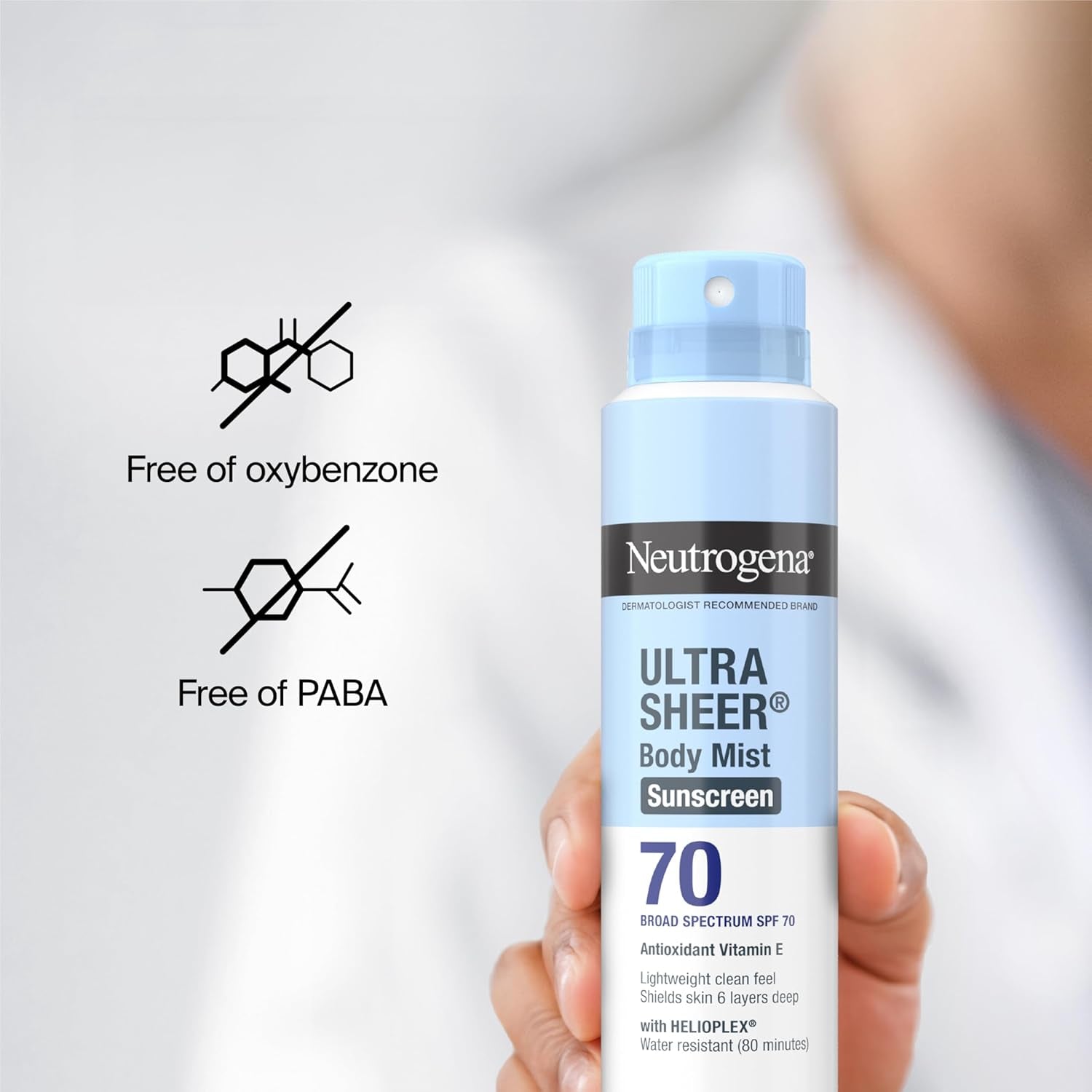 Ultra Sheer Body Mist Sunscreen Spray Broad Spectrum SPF 70, Lightweight, Non-Greasy & Water Resistant, Oil-Free & Non-Comedogenic UVA/UVB Sunscreen Mist, 5 Oz (Pack of 3)