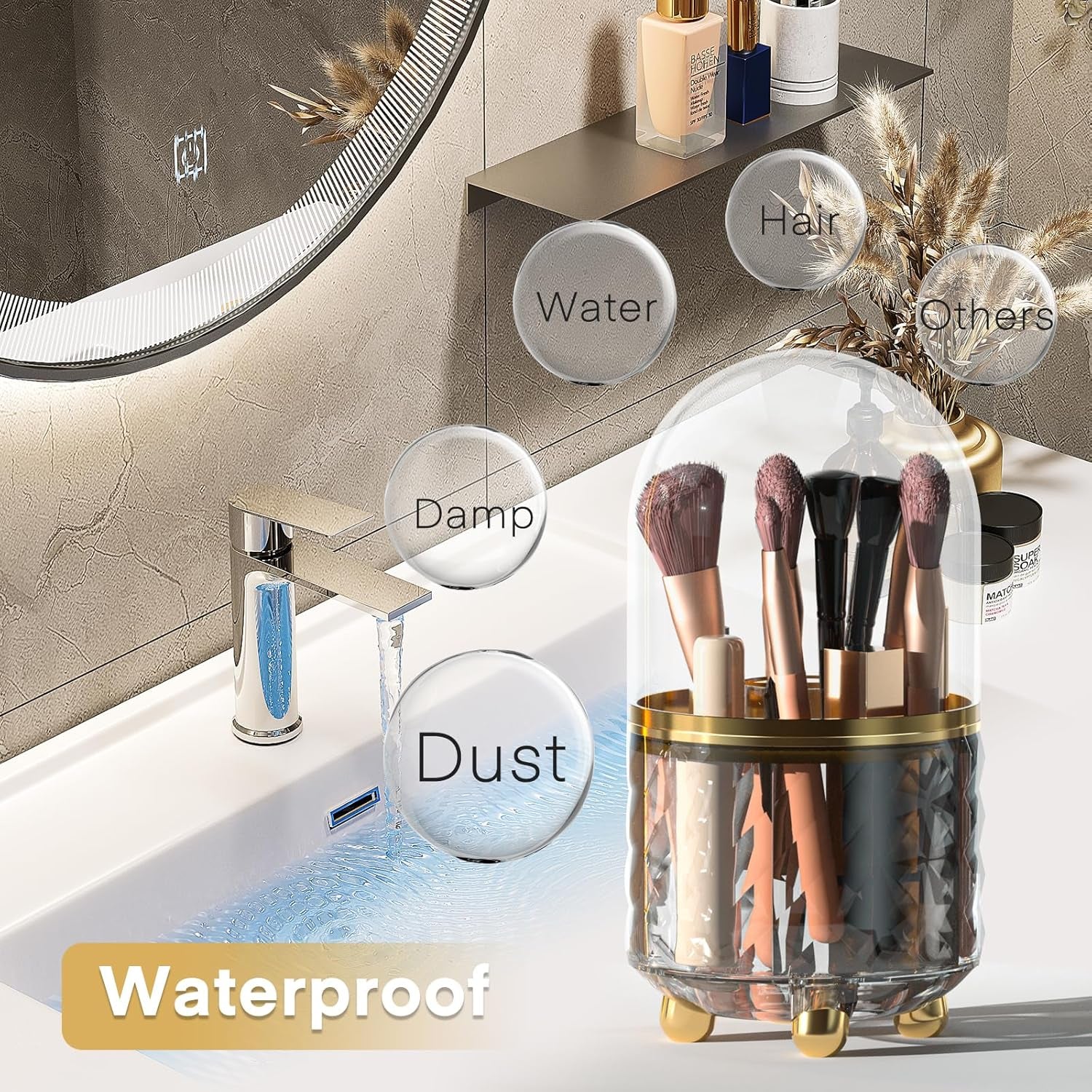 Makeup Brush Holder 360 Rotating Make up Organiser with Lid, 6 Slot Storage for Skincare Lipstick,Transparent Dustproof Waterproof Cosmetic Organisers Forbathroom Bedroom Vanity Dresser(White)