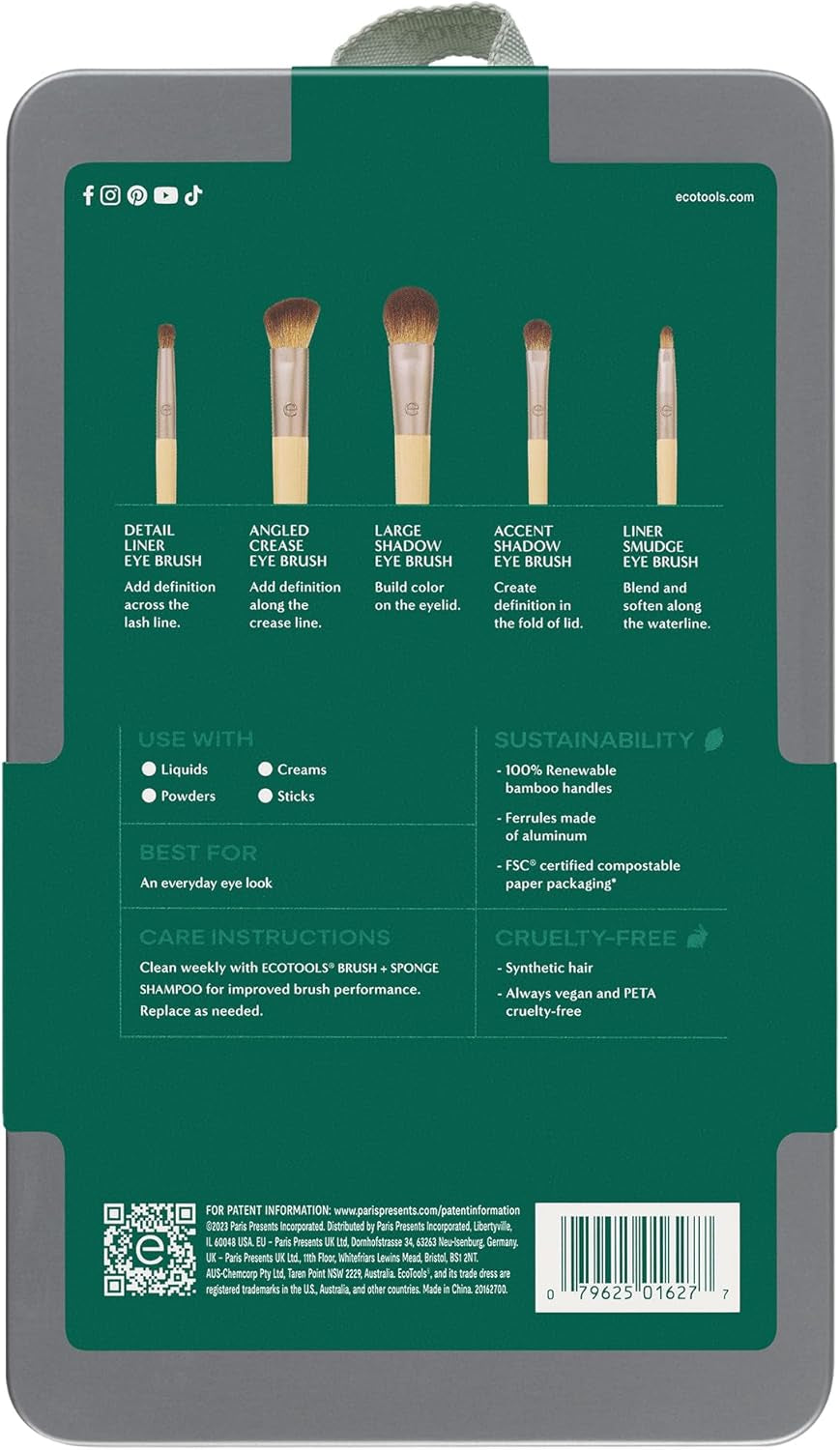 Daily Defined Eye Brush Kit + Storage Tray, Eco-Friendly Makeup Brushes for Liquid, Powder, & Cream Eyeshadow & Eyeliner Application, Synthetic Hair, Vegan and Cruelty Free, 5 Piece Set